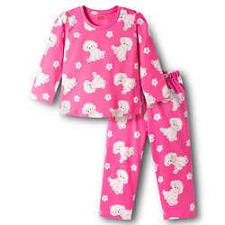 Babyhug Cotton Knit Full Sleeves T-Shirt & Pajama Co-ords Night Suit with Puppy Print - Pink