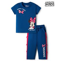 Babyhug Disney 100% Cotton Knit Half Sleeves T-Shirt & Pant Set With Minnie Mouse Graphics - Navy Blue