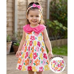 Babyhug Single Jersey Knit Sleeveless Floral Printed Frock with Bloomer & Headband - Multicolor