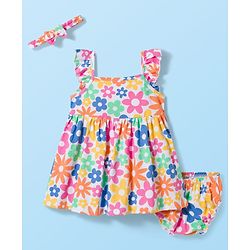 Babyhug 100% Cotton Knit Sleeveless Floral Printed Frock With Bloomer & Headband - Multicolour