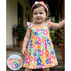 Babyhug 100% Cotton Knit Sleeveless Floral Printed Frock With Bloomer & Headband - Multicolour