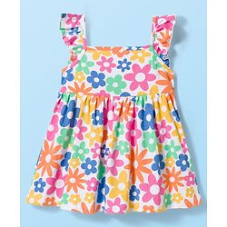 Babyhug 100% Cotton Knit Sleeveless Floral Printed Frock With Bloomer & Headband - Multicolour