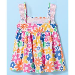 Babyhug 100% Cotton Knit Sleeveless Floral Printed Frock With Bloomer & Headband - Multicolour