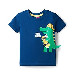 Babyhug Cotton Knit Half Sleeves T-Shirt With Dino Print & Applique - Navy Blue