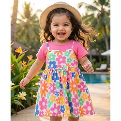 Babyhug 100% Cotton Knit Half Sleeves Floral Printed Frock With Inner Tee - Multicolour