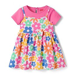 Babyhug 100% Cotton Knit Half Sleeves Floral Printed Frock With Inner Tee - Multicolour