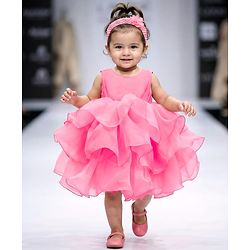 Babyhug Woven Sleeveless  Layered Glass Nylon Party Dress with Hairband - Light Pink