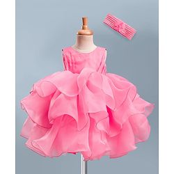 Babyhug Woven Sleeveless  Layered Glass Nylon Party Dress with Hairband - Light Pink