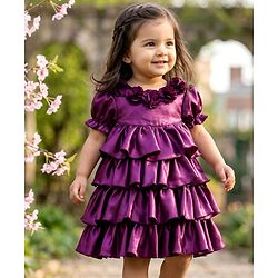 Babyhug Satin Woven Half Sleeves Party Dress With Floral Corsage - Violet