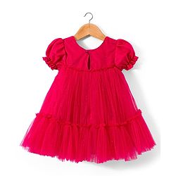 Babyhug Woven Half Puffed Sleeves Glittered A Line Tiered Mesh Party Dress with Floral Applique - Dark Pink