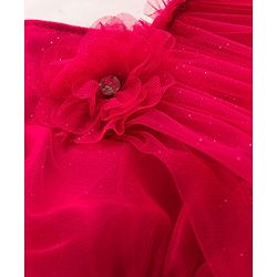 Babyhug Woven Half Puffed Sleeves Glittered A Line Tiered Mesh Party Dress with Floral Applique - Dark Pink