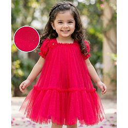 Babyhug Woven Half Puffed Sleeves Glittered A Line Tiered Mesh Party Dress with Floral Applique - Dark Pink