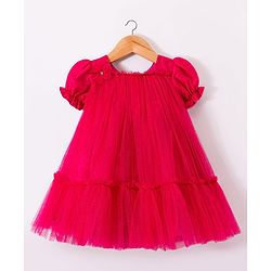 Babyhug Woven Half Puffed Sleeves Glittered A Line Tiered Mesh Party Dress with Floral Applique - Dark Pink