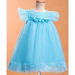 Babyhug Mesh Woven Frill Sleeves Party Dress With Floral Lace Detailing & Applique - Light Blue