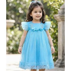 Babyhug Mesh Woven Frill Sleeves Party Dress With Floral Lace Detailing & Applique - Light Blue