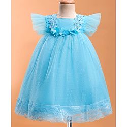 Babyhug Mesh Woven Frill Sleeves Party Dress With Floral Lace Detailing & Applique - Light Blue