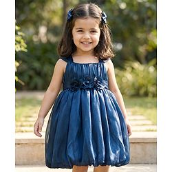Babyhug Tissue Woven Sleeveless Party Dress With Floral Corsage & Pleated Yoke - Teal Blue