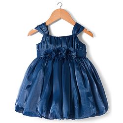 Babyhug Tissue Woven Sleeveless Party Dress With Floral Corsage & Pleated Yoke - Teal Blue