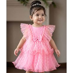 Babyhug Mesh Woven Frill Sleeves Party Dress With Heart Print & Bow Applique - Peach