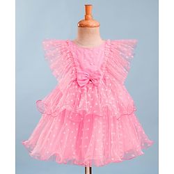 Babyhug Mesh Woven Frill Sleeves Party Dress With Heart Print & Bow Applique - Peach
