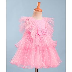Babyhug Mesh Woven Frill Sleeves Party Dress With Heart Print & Bow Applique - Peach