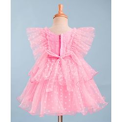 Babyhug Mesh Woven Frill Sleeves Party Dress With Heart Print & Bow Applique - Peach