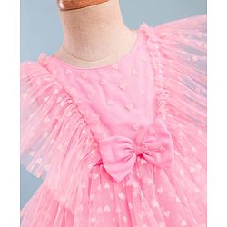 Babyhug Mesh Woven Frill Sleeves Party Dress With Heart Print & Bow Applique - Peach