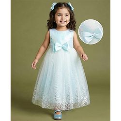 Babyhug Mesh Woven Sleeveless Foil Printed Party Gown With Sequin Detailing & Bow Applique - Light Blue