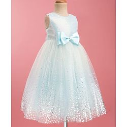 Babyhug Mesh Woven Sleeveless Foil Printed Party Gown With Sequin Detailing & Bow Applique - Light Blue