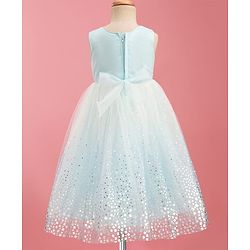 Babyhug Mesh Woven Sleeveless Foil Printed Party Gown With Sequin Detailing & Bow Applique - Light Blue