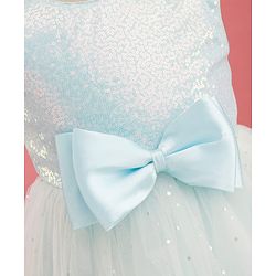 Babyhug Mesh Woven Sleeveless Foil Printed Party Gown With Sequin Detailing & Bow Applique - Light Blue