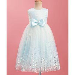Babyhug Mesh Woven Sleeveless Foil Printed Party Gown With Sequin Detailing & Bow Applique - Light Blue