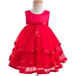 Babyhug Woven Sleeveless  Layered Mesh Party Dress with Bow & Cotton Lining - Red