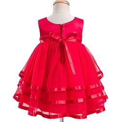 Babyhug Woven Sleeveless  Layered Mesh Party Dress with Bow & Cotton Lining - Red