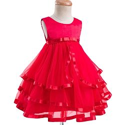 Babyhug Woven Sleeveless  Layered Mesh Party Dress with Bow & Cotton Lining - Red
