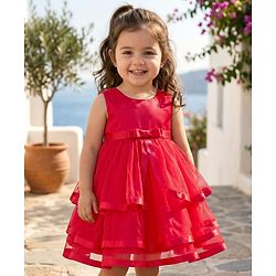 Babyhug Woven Sleeveless  Layered Mesh Party Dress with Bow & Cotton Lining - Red