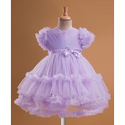 Babyhug Mesh Woven Half Frill Sleeves Layered Ruffle Party Dress with with Yoke Pleating & Sequined Bow Detailing - Lilac
