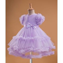 Babyhug Mesh Woven Half Frill Sleeves Layered Ruffle Party Dress with with Yoke Pleating & Sequined Bow Detailing - Lilac