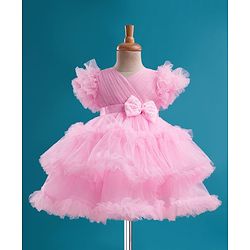 Babyhug Mesh Woven Half Frill Sleeves Layered Ruffle Party Dress with with Yoke Pleating & Sequined Bow Detailing - Lilac