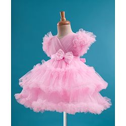Babyhug Mesh Woven Half Frill Sleeves Layered Ruffle Party Dress with with Yoke Pleating & Sequined Bow Detailing - Lilac