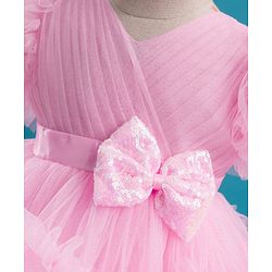 Babyhug Mesh Woven Half Frill Sleeves Layered Ruffle Party Dress with with Yoke Pleating & Sequined Bow Detailing - Lilac