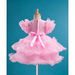 Babyhug Mesh Woven Half Frill Sleeves Layered Ruffle Party Dress with with Yoke Pleating & Sequined Bow Detailing - Lilac