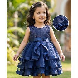 Babyhug Mesh Woven Sleeveless Party Dress With Lace Detailing & Sequinned Yoke - Navy Blue