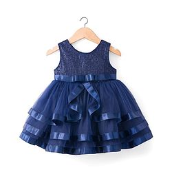 Babyhug Mesh Woven Sleeveless Party Dress With Lace Detailing & Sequinned Yoke - Navy Blue