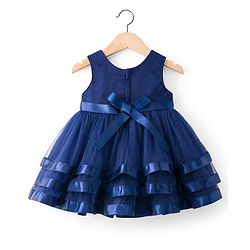 Babyhug Mesh Woven Sleeveless Party Dress With Lace Detailing & Sequinned Yoke - Navy Blue