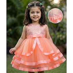 Babyhug Mesh Woven Sleeveless Party Dress With Lace Detailing & Sequinned Yoke - Navy Blue