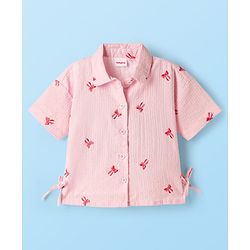 Babyhug 100% Cotton Seer Sucker Woven Half Sleeves Bow Embroidered Top with Knot - Light Pink