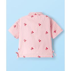 Babyhug 100% Cotton Seer Sucker Woven Half Sleeves Bow Embroidered Top with Knot - Light Pink