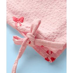 Babyhug 100% Cotton Seer Sucker Woven Half Sleeves Bow Embroidered Top with Knot - Light Pink