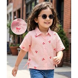 Babyhug 100% Cotton Seer Sucker Woven Half Sleeves Bow Embroidered Top with Knot - Light Pink